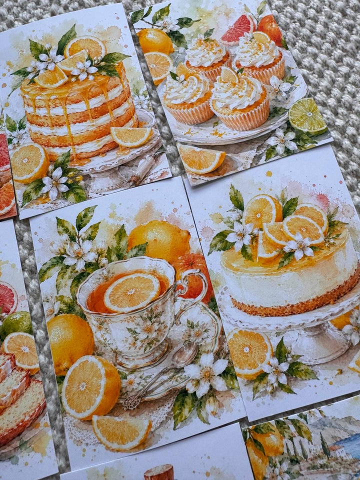 Citrus Dessert Stickers Set of 16, Watercolor Lemon Cake & Orange Bakery Stickers, Junk Journal, Handmade in the UK Decor