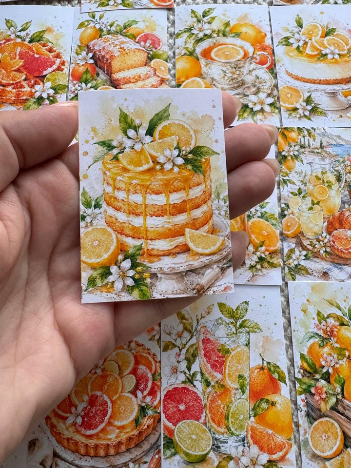 Citrus Dessert Stickers Set of 16, Watercolor Lemon Cake & Orange Bakery Stickers, Junk Journal, Handmade in the UK Decor