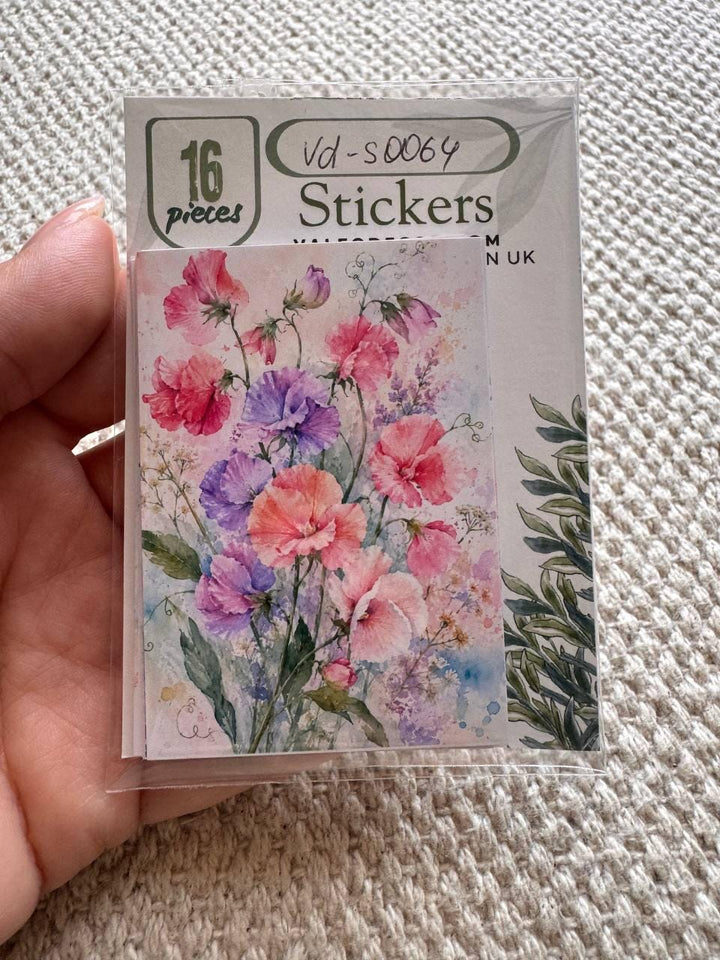 Watercolor Floral Stickers Set of 16, Vintage Flower Journal Stickers, Botanical Scrapbook Ephemera, Handmade in the UK