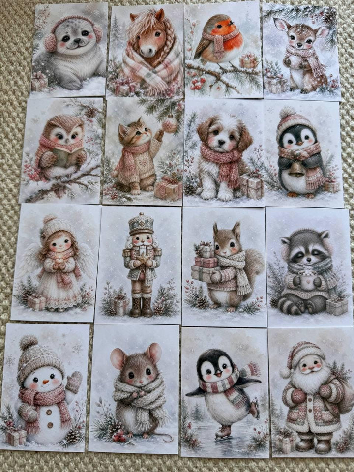 Winter Animal Stickers Set of 16, Cute Christmas Woodland Animals, Penguin & Deer Stickers, Handmade in the UK for Journals