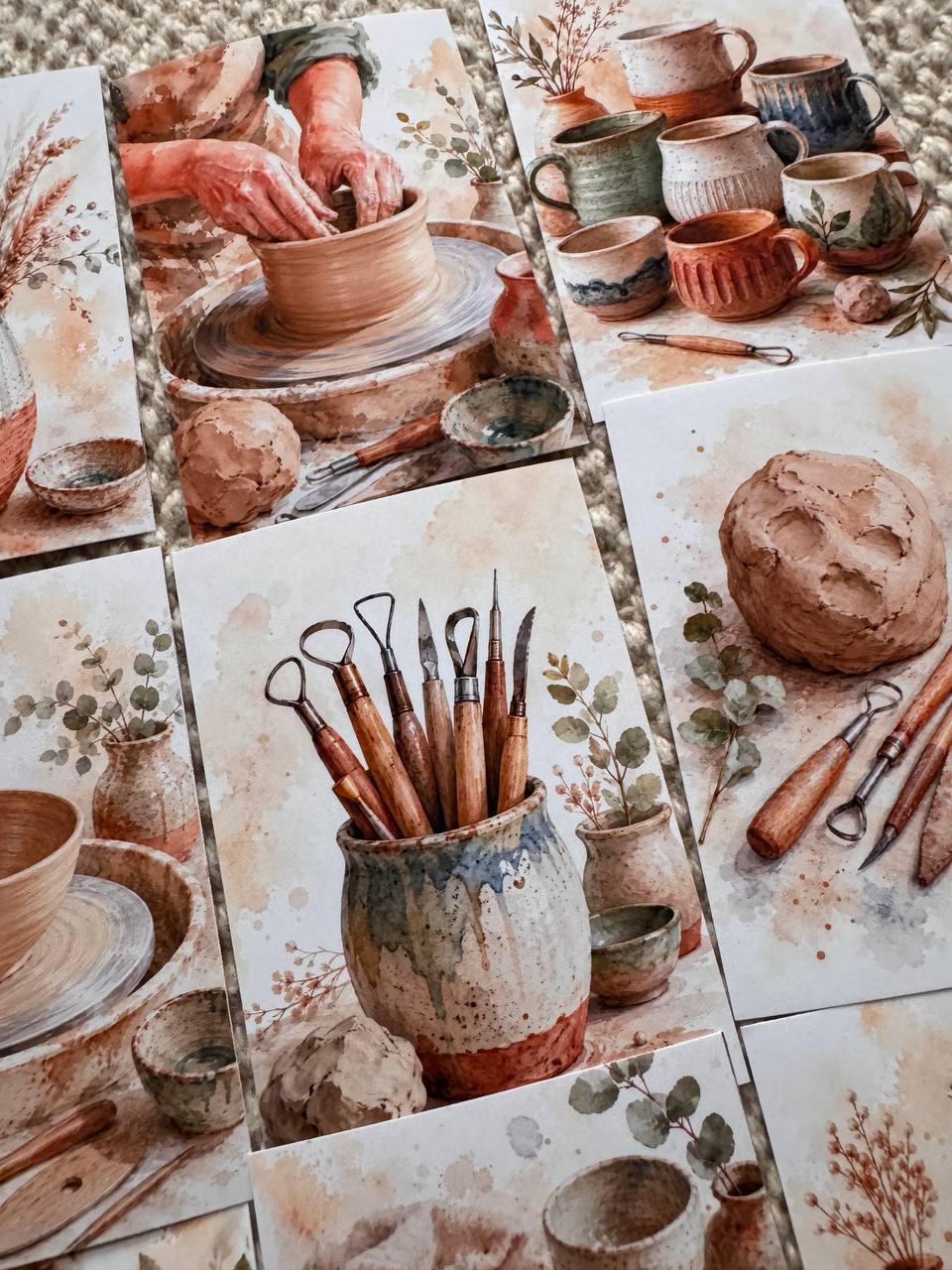 Pottery Stickers Set of 16, Ceramic Studio Watercolor Stickers, Pottery Wheel, Clay Art, Junk Journal, Handmade in the UK Decor