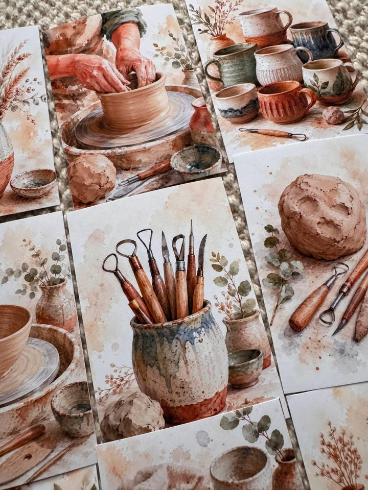Pottery Stickers Set of 16, Ceramic Studio Watercolor Stickers, Pottery Wheel, Clay Art, Junk Journal, Handmade in the UK Decor