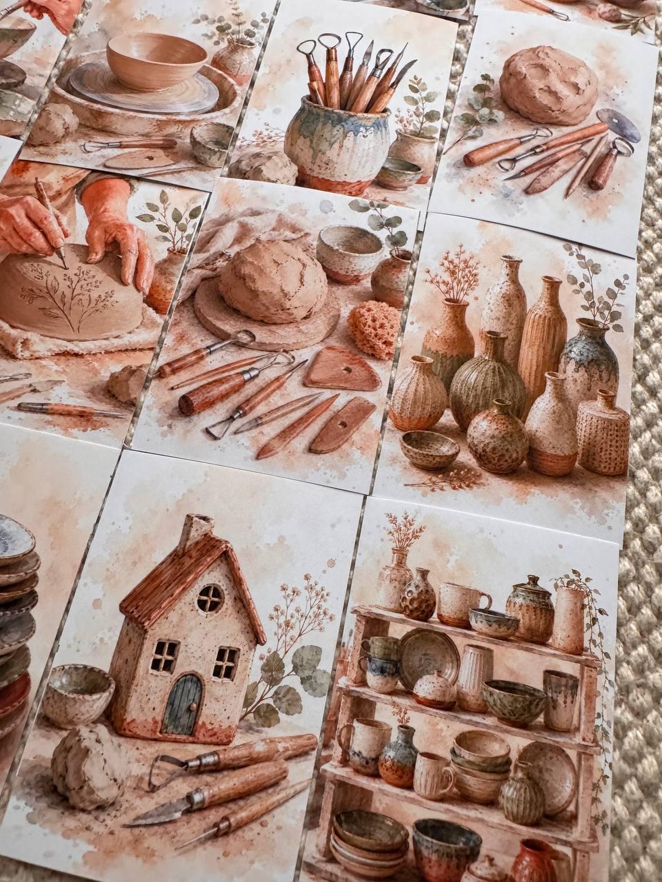 Pottery Stickers Set of 16, Ceramic Studio Watercolor Stickers, Pottery Wheel, Clay Art, Junk Journal, Handmade in the UK Decor