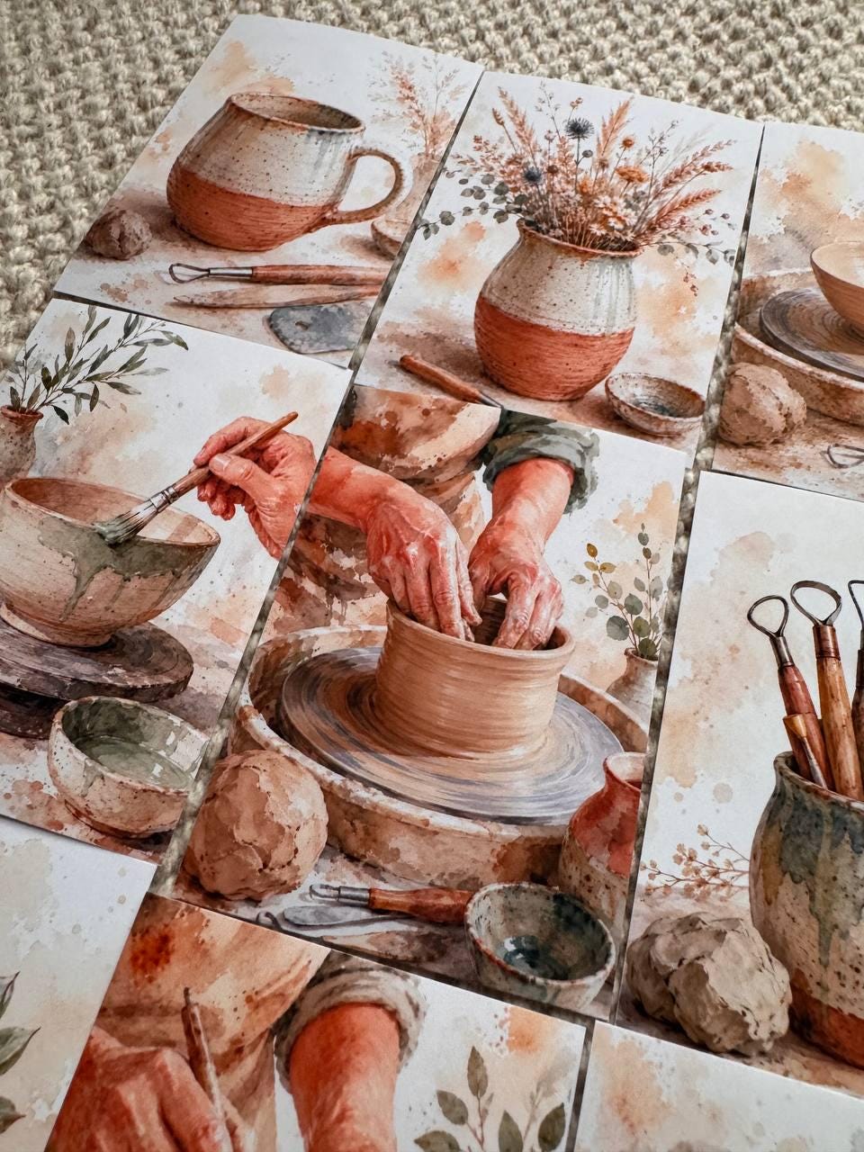 Pottery Stickers Set of 16, Ceramic Studio Watercolor Stickers, Pottery Wheel, Clay Art, Junk Journal, Handmade in the UK Decor