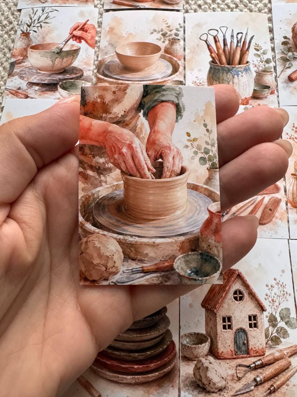 Pottery Stickers Set of 16, Ceramic Studio Watercolor Stickers, Pottery Wheel, Clay Art, Junk Journal, Handmade in the UK Decor