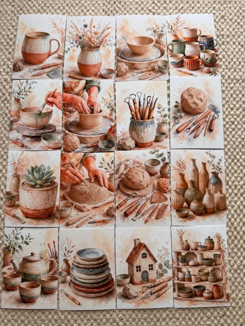 Pottery Stickers Set of 16, Ceramic Studio Watercolor Stickers, Pottery Wheel, Clay Art, Junk Journal, Handmade in the UK Decor
