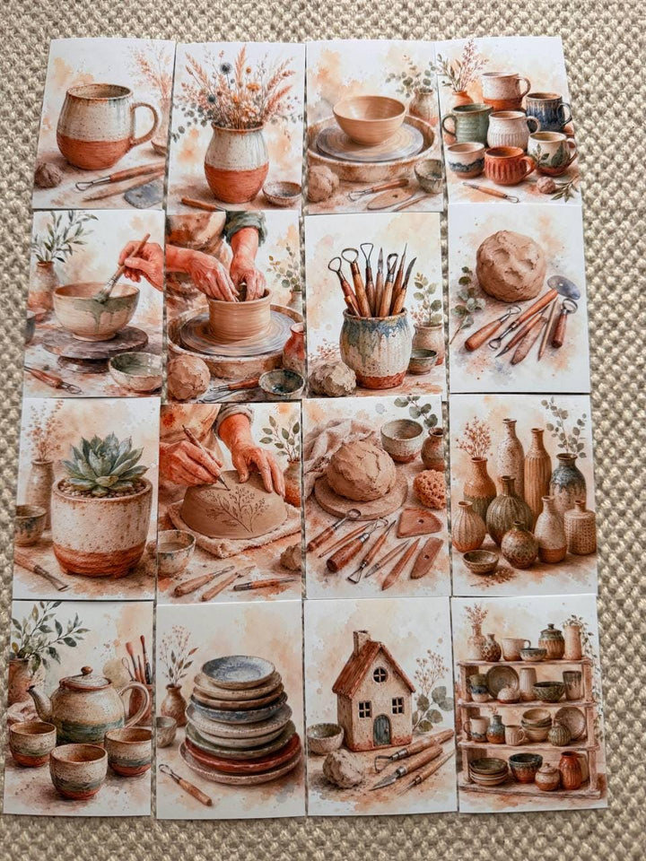 Pottery Stickers Set of 16, Ceramic Studio Watercolor Stickers, Pottery Wheel, Clay Art, Junk Journal, Handmade in the UK Decor