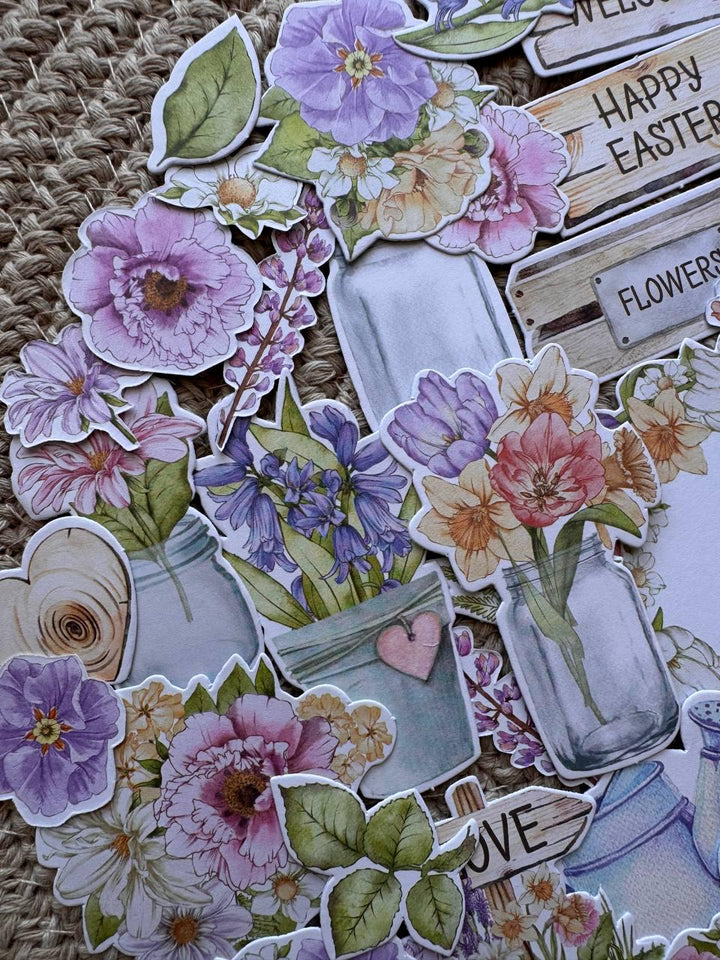 76 Spring Die Cut Cardstock Pieces, Floral Ephemera Pack, Junk Journal Supplies, Scrapbooking Embellishments, No Adhesive