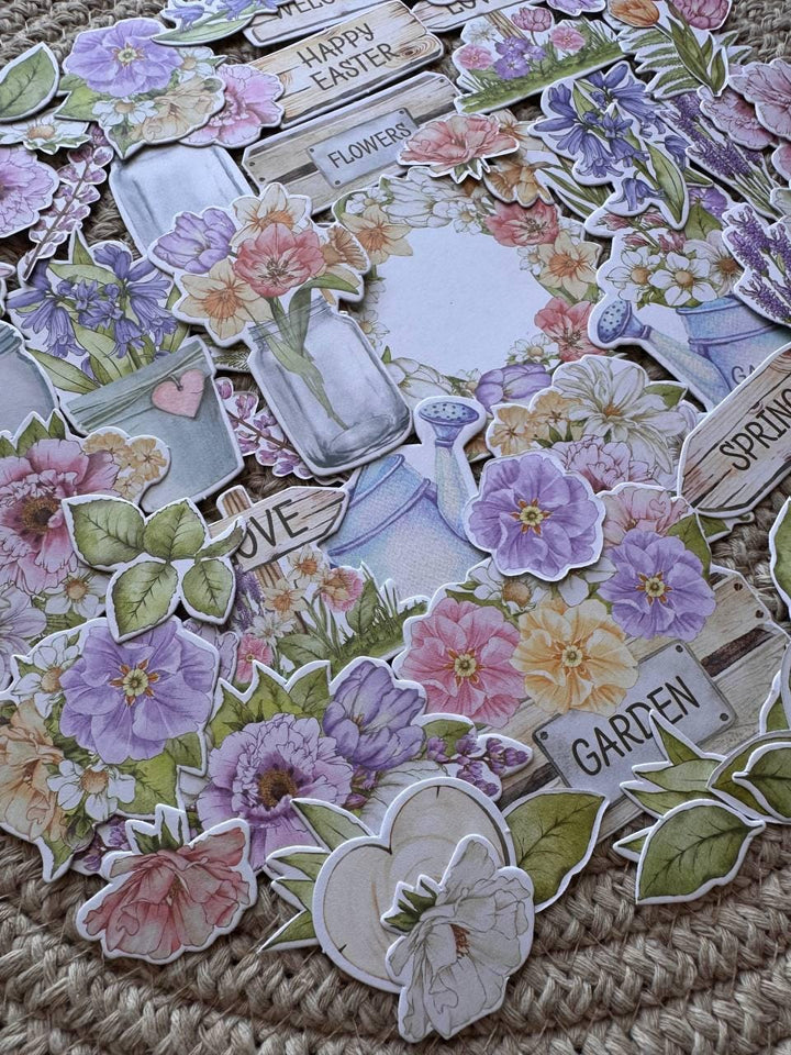 76 Spring Die Cut Cardstock Pieces, Floral Ephemera Pack, Junk Journal Supplies, Scrapbooking Embellishments, No Adhesive