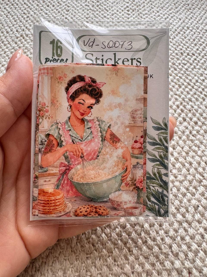 16 Vintage Baking Stickers, Retro Kitchen Girl Stickers, Cottagecore Bakery Scrapbook Stickers, Junk Journal Card Making Craft Supply