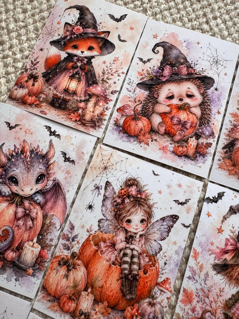 16 Cute Halloween Stickers, Whimsical Witch Animals, Pumpkin & Ghost Stickers, Autumn Scrapbook, Junk Journal, Halloween Crafts