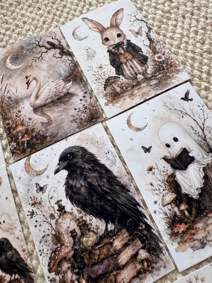 16 Gothic Halloween Stickers, Vintage Witchy Animals, Ghost Raven Bunny Cat Stickers, Junk Journal Scrapbook, Dark Cottagecore