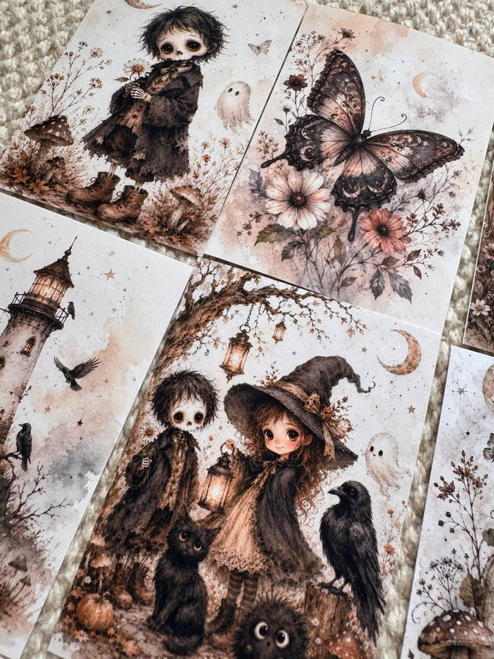 16 Gothic Halloween Stickers, Vintage Witchy Animals, Ghost Raven Bunny Cat Stickers, Junk Journal Scrapbook, Dark Cottagecore