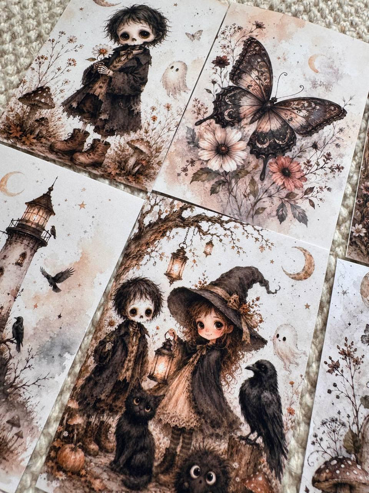 16 Gothic Halloween Stickers, Vintage Witchy Animals, Ghost Raven Bunny Cat Stickers, Junk Journal Scrapbook, Dark Cottagecore