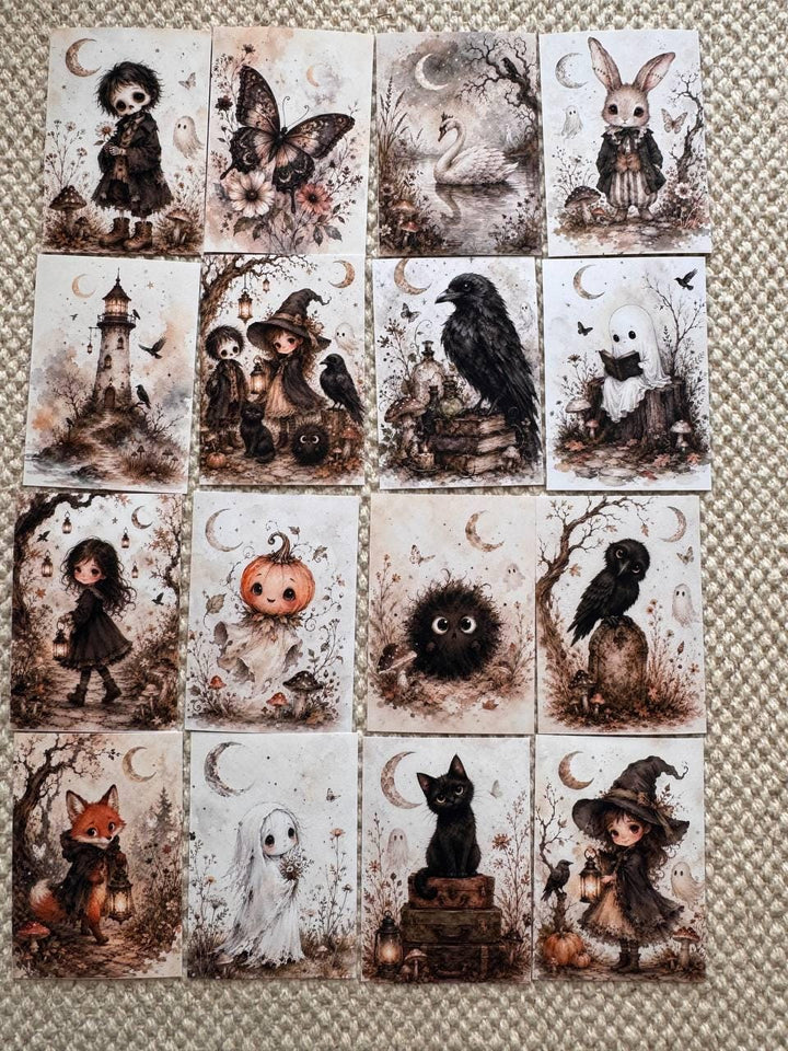 16 Gothic Halloween Stickers, Vintage Witchy Animals, Ghost Raven Bunny Cat Stickers, Junk Journal Scrapbook, Dark Cottagecore