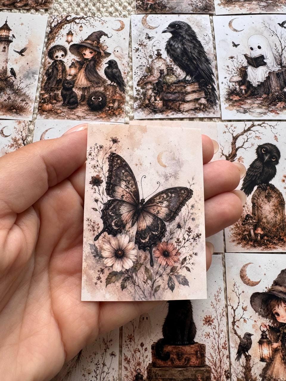 16 Gothic Halloween Stickers, Vintage Witchy Animals, Ghost Raven Bunny Cat Stickers, Junk Journal Scrapbook, Dark Cottagecore