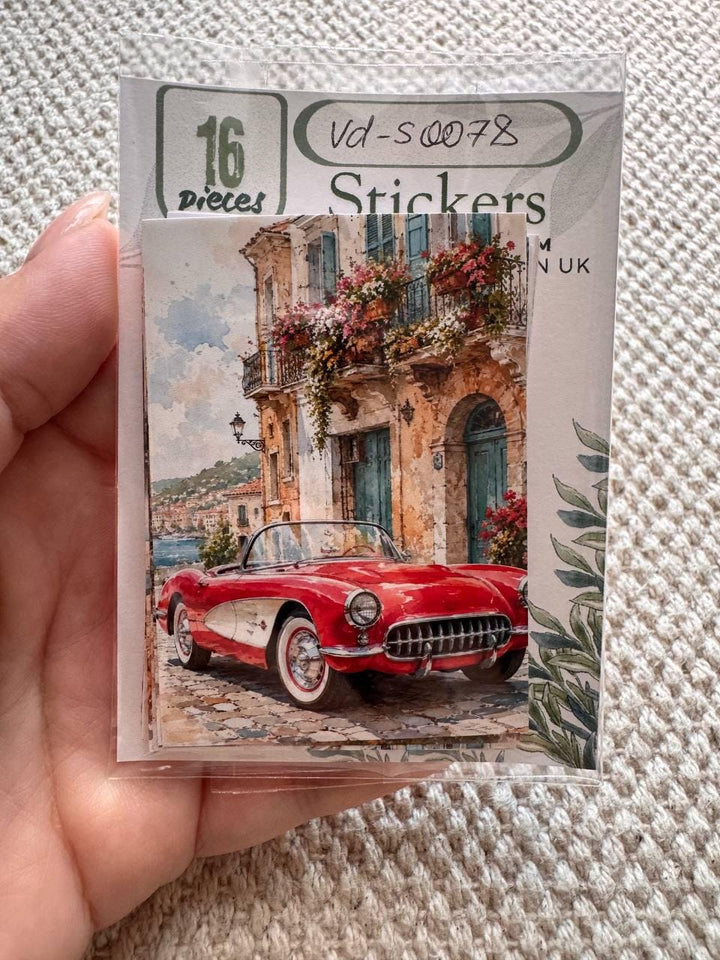 16 Vintage Car Stickers, Classic Cars Travel Scenery, Retro Automobile Stickers, Junk Journal Scrapbook, Mediterranean Travel Decor