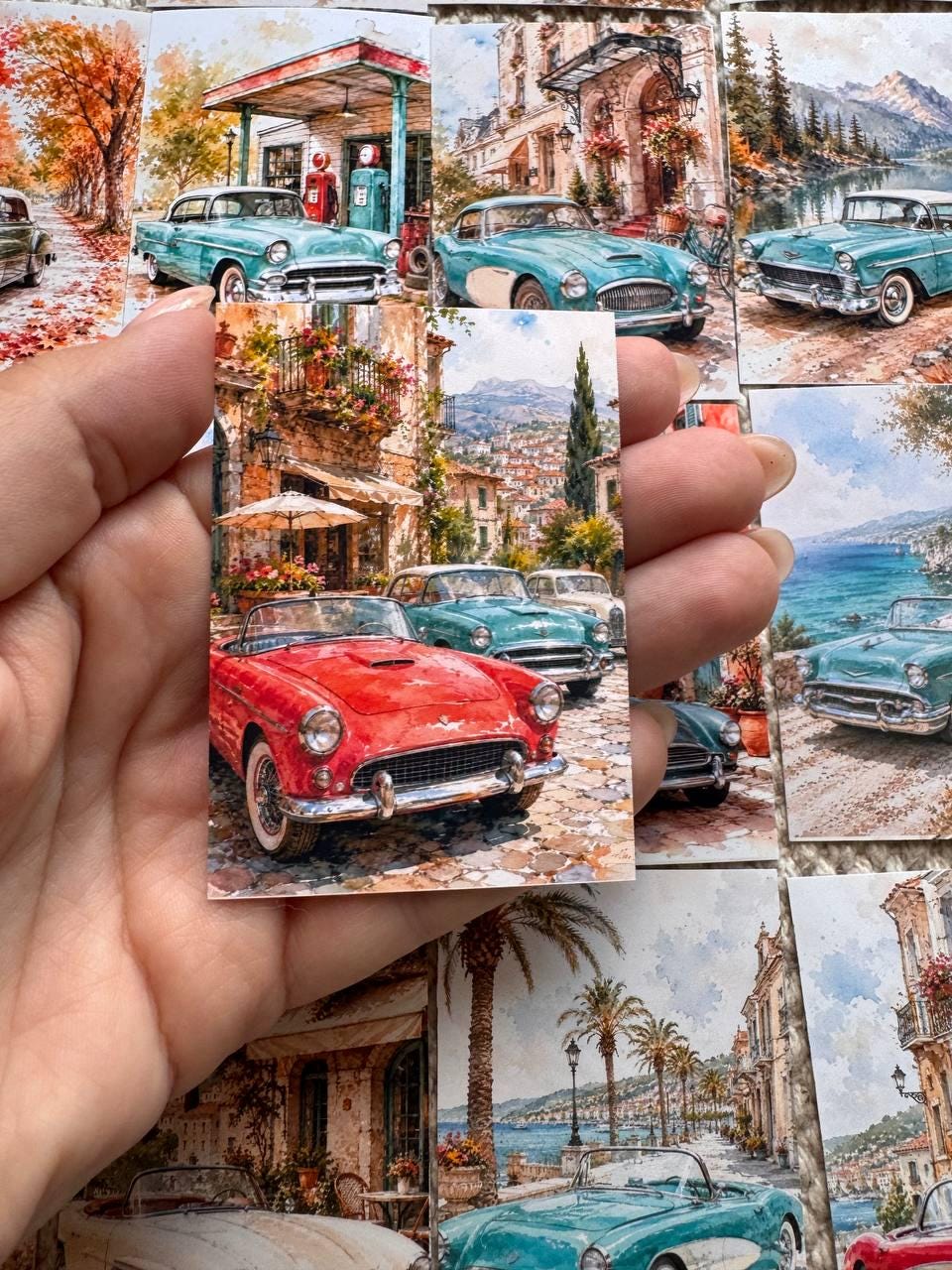 16 Vintage Car Stickers, Classic Cars Travel Scenery, Retro Automobile Stickers, Junk Journal Scrapbook, Mediterranean Travel Decor