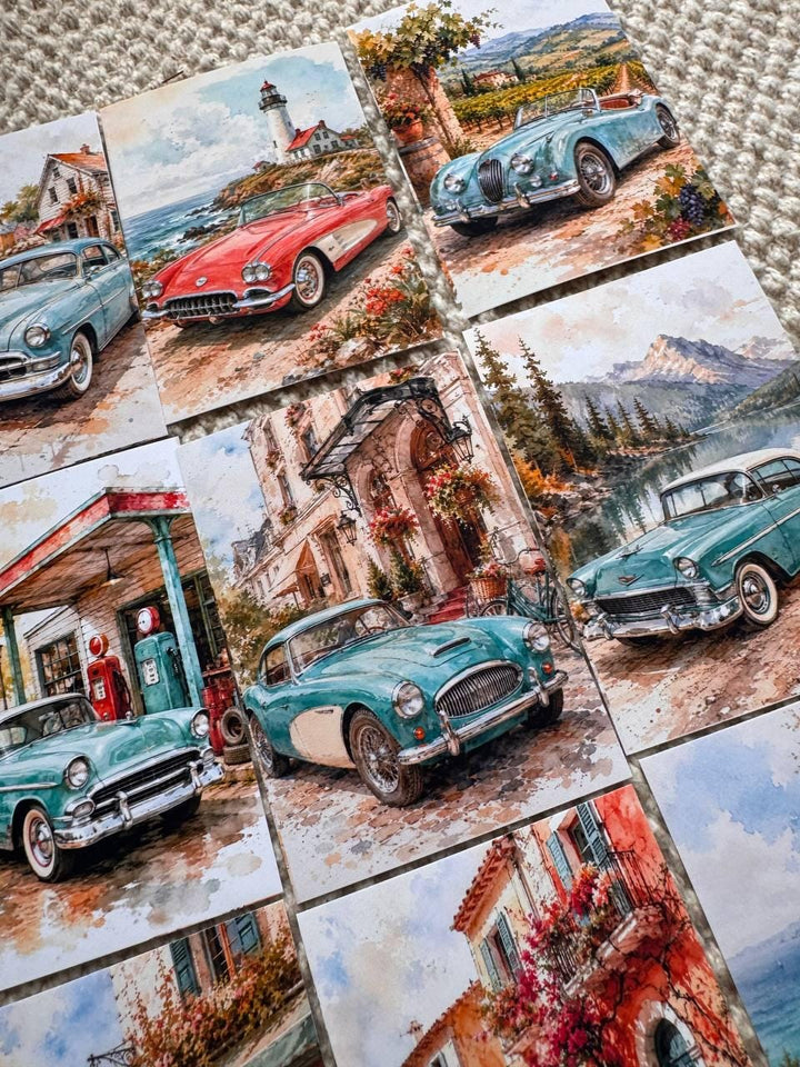 16 Vintage Car Stickers, Classic Cars Travel Scenery, Retro Automobile Stickers, Junk Journal Scrapbook, Mediterranean Travel Decor