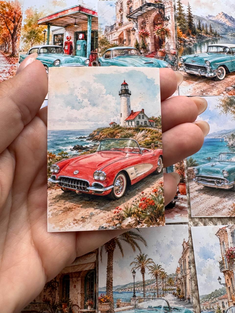 16 Vintage Car Stickers, Classic Cars Travel Scenery, Retro Automobile Stickers, Junk Journal Scrapbook, Mediterranean Travel Decor