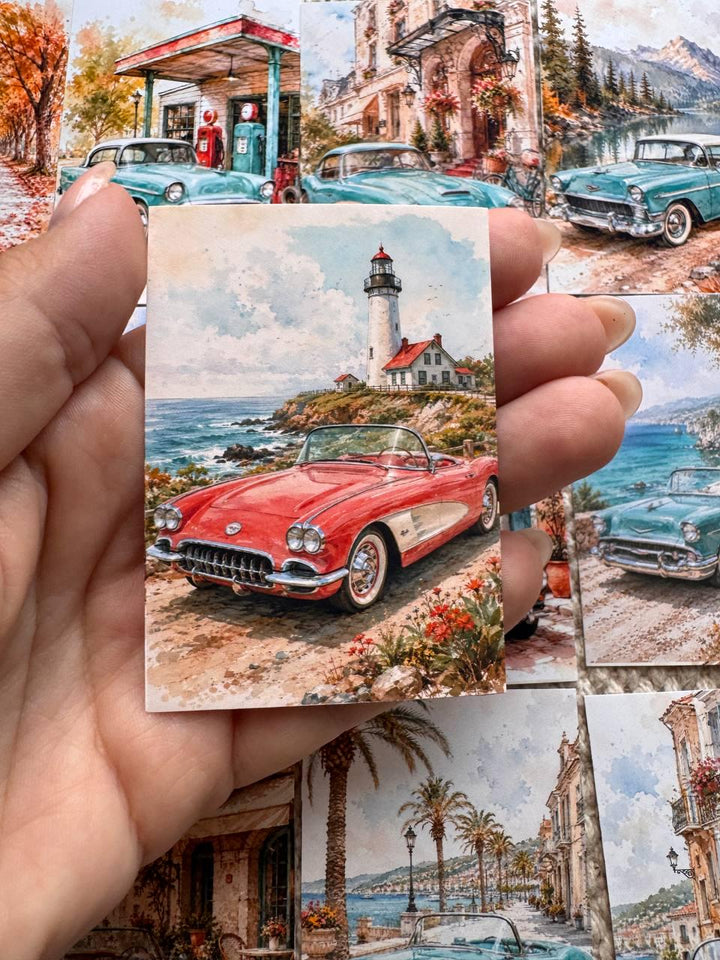 16 Vintage Car Stickers, Classic Cars Travel Scenery, Retro Automobile Stickers, Junk Journal Scrapbook, Mediterranean Travel Decor