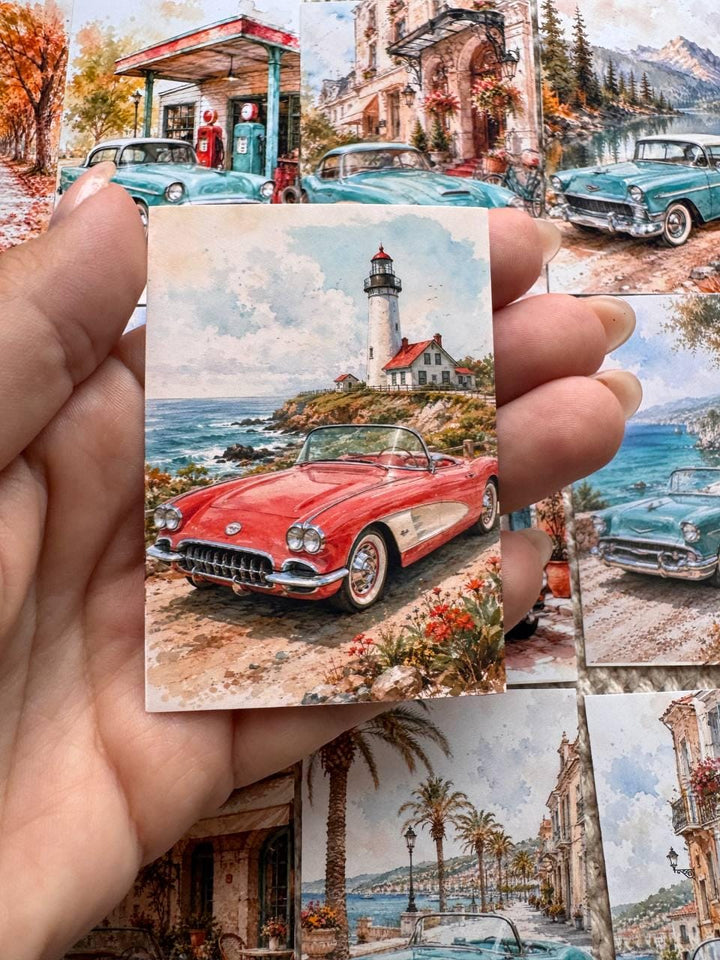 16 Vintage Car Stickers, Classic Cars Travel Scenery, Retro Automobile Stickers, Junk Journal Scrapbook, Mediterranean Travel Decor