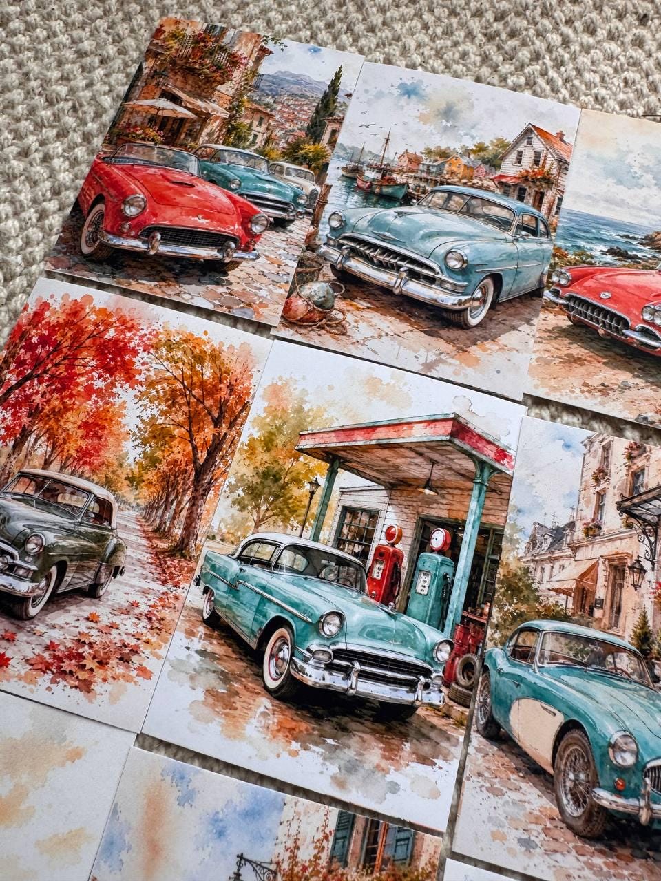16 Vintage Car Stickers, Classic Cars Travel Scenery, Retro Automobile Stickers, Junk Journal Scrapbook, Mediterranean Travel Decor