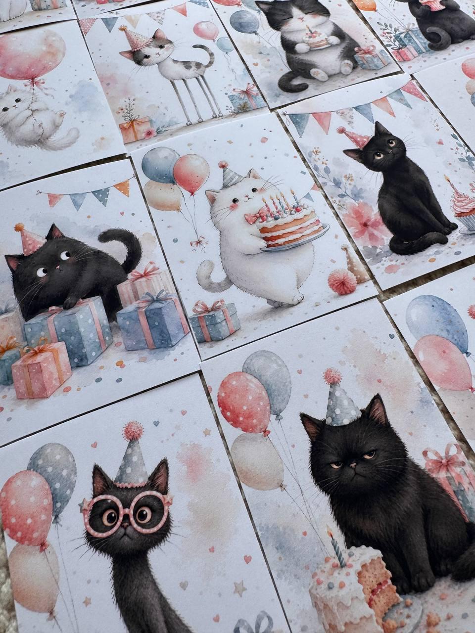16 Birthday Cat Stickers, Cute Party Cats, Birthday Cake & Balloons, Scrapbook Stickers, Junk Journal, Planner Card Making Supplies