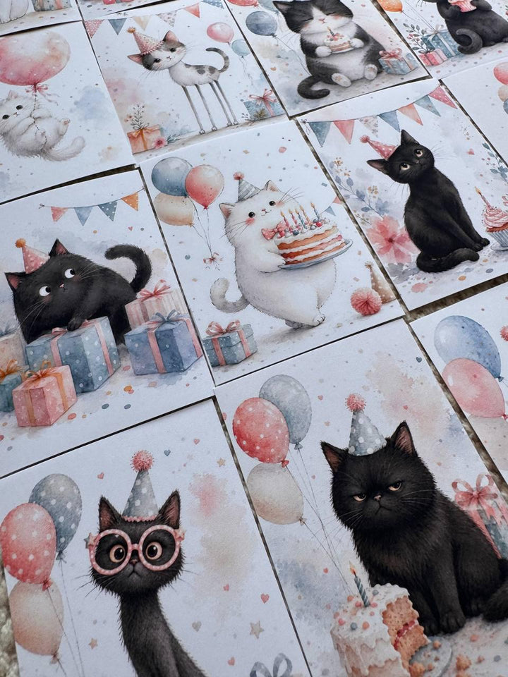 16 Birthday Cat Stickers, Cute Party Cats, Birthday Cake & Balloons, Scrapbook Stickers, Junk Journal, Planner Card Making Supplies