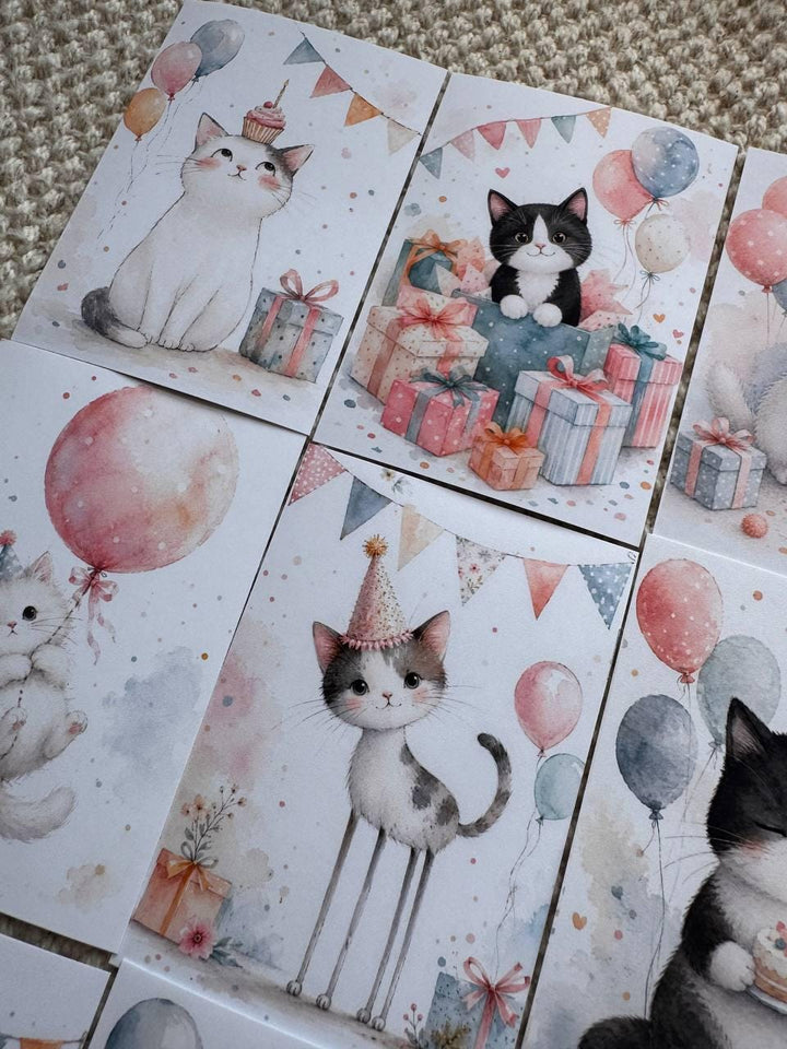 16 Birthday Cat Stickers, Cute Party Cats, Birthday Cake & Balloons, Scrapbook Stickers, Junk Journal, Planner Card Making Supplies
