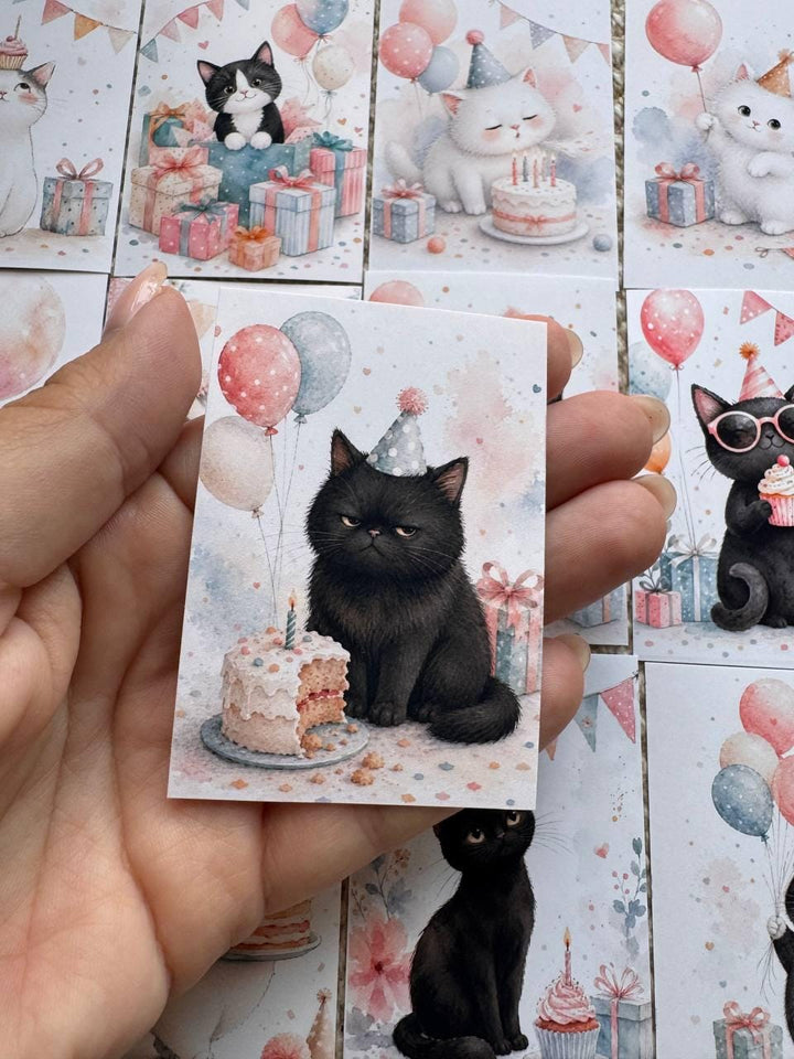 16 Birthday Cat Stickers, Cute Party Cats, Birthday Cake & Balloons, Scrapbook Stickers, Junk Journal, Planner Card Making Supplies