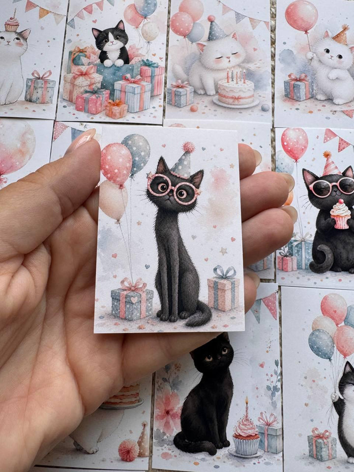 16 Birthday Cat Stickers, Cute Party Cats, Birthday Cake & Balloons, Scrapbook Stickers, Junk Journal, Planner Card Making Supplies