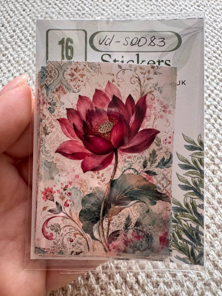 16 Vintage Floral Stickers, Watercolour Flower Stickers, Tulip Lotus Peony, Botanical Junk Journal Scrapbook Planner Craft Supplies