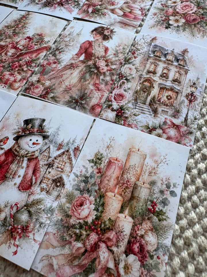 16 Pink Christmas Stickers, Vintage Watercolour Christmas, Floral Winter Stickers, Junk Journal Scrapbook Planner Craft Supplies