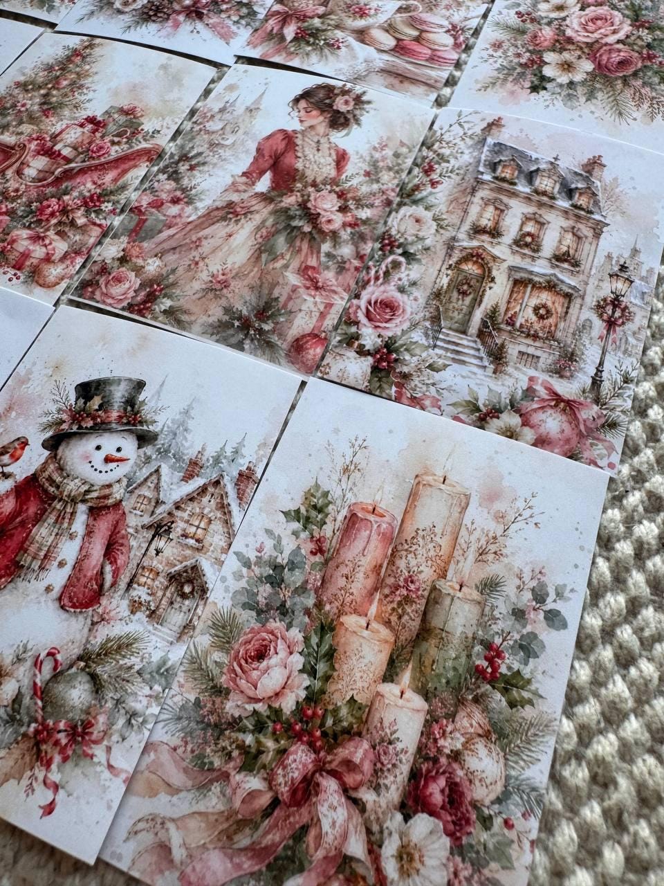 16 Pink Christmas Stickers, Vintage Watercolour Christmas, Floral Winter Stickers, Junk Journal Scrapbook Planner Craft Supplies