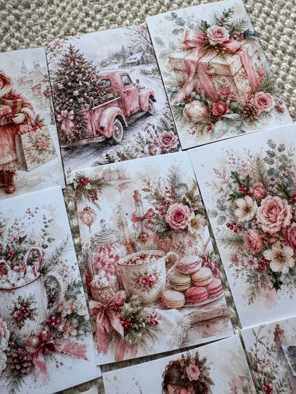 16 Pink Christmas Stickers, Vintage Watercolour Christmas, Floral Winter Stickers, Junk Journal Scrapbook Planner Craft Supplies
