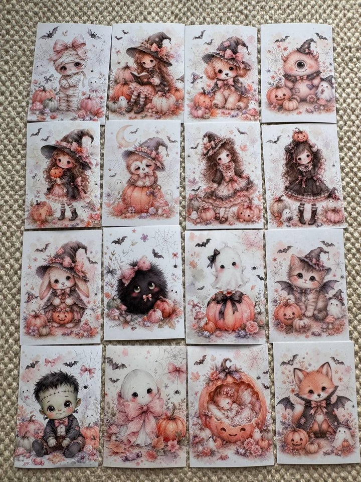 16 Pink Halloween Stickers, Cute Ghost Witch Pumpkin Cat Fox, Pastel Spooky Stickers, Junk Journal Scrapbook Planner Craft Supplies