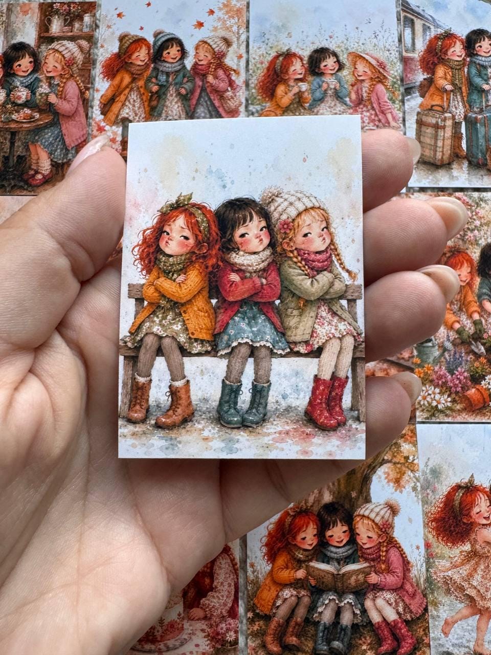 Vintage Friendship Girls Stickers Set of 16, Cozy Watercolor Best Friends Stickers, Junk Journal, Handmade in the UK Decor