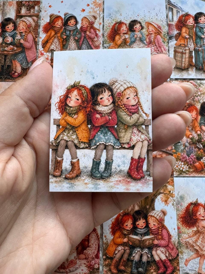 Vintage Friendship Girls Stickers Set of 16, Cozy Watercolor Best Friends Stickers, Junk Journal, Handmade in the UK Decor