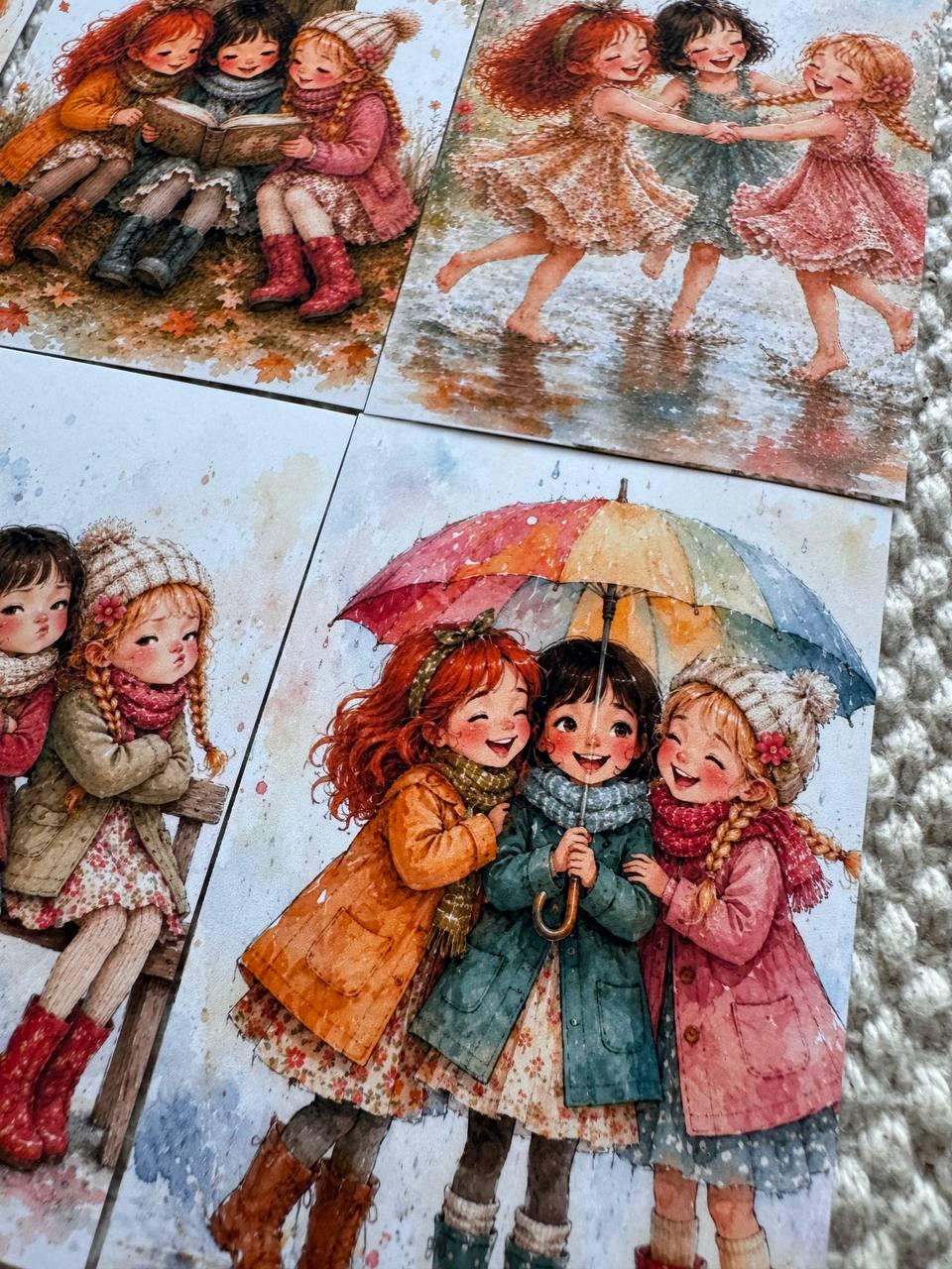 Vintage Friendship Girls Stickers Set of 16, Cozy Watercolor Best Friends Stickers, Junk Journal, Handmade in the UK Decor