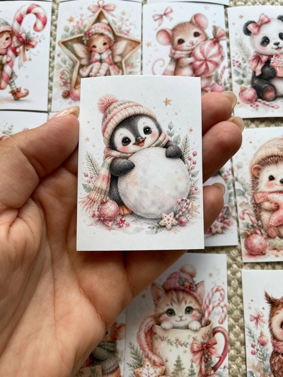 16 Cute Christmas Animal Stickers, Pink Watercolour Winter Stickers, Penguin Sloth Hedgehog Mouse, Journal Scrapbook Craft Stickers