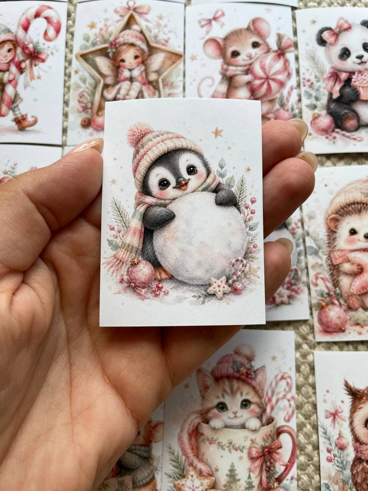 16 Cute Christmas Animal Stickers, Pink Watercolour Winter Stickers, Penguin Sloth Hedgehog Mouse, Journal Scrapbook Craft Stickers