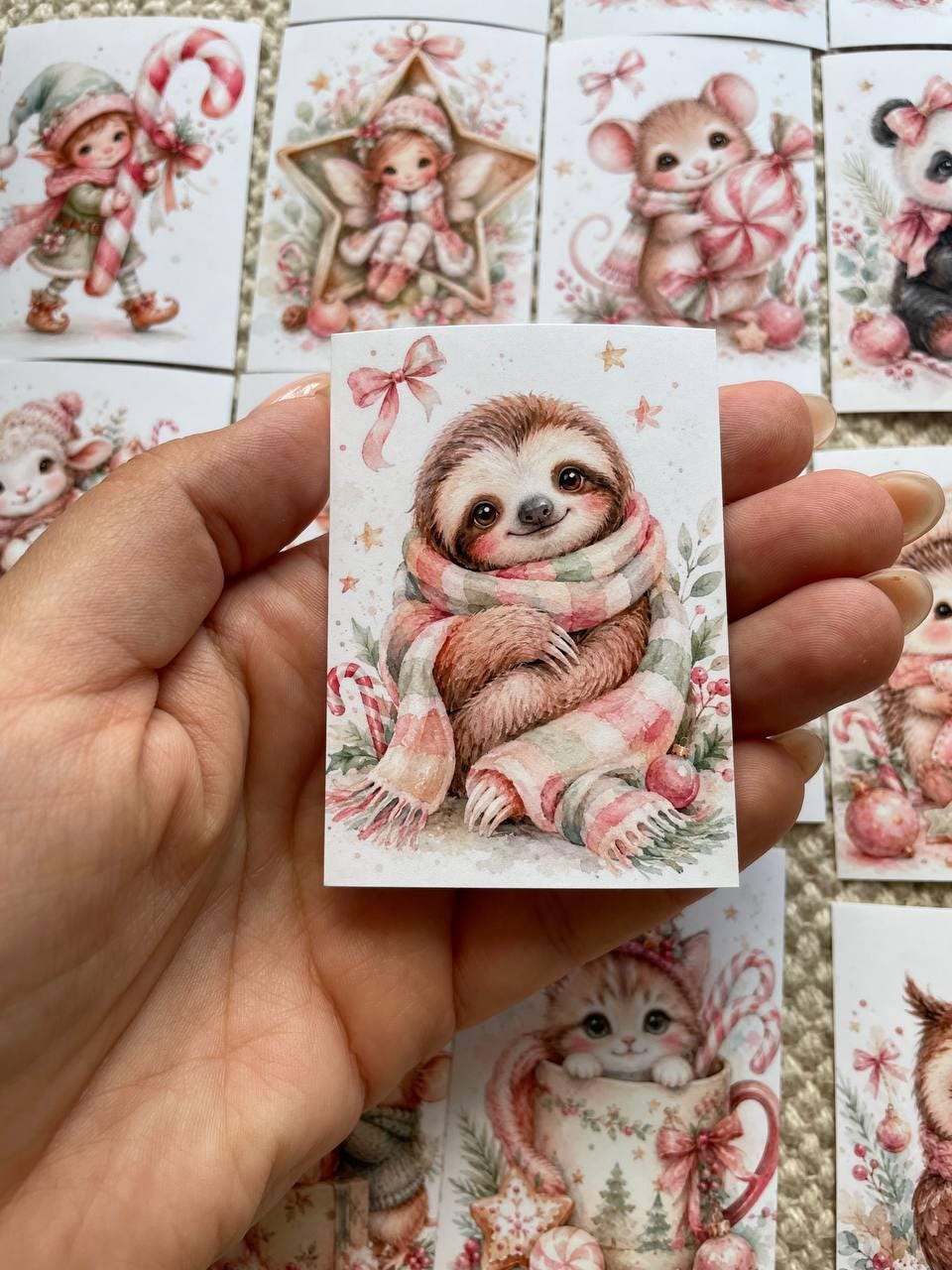 16 Cute Christmas Animal Stickers, Pink Watercolour Winter Stickers, Penguin Sloth Hedgehog Mouse, Journal Scrapbook Craft Stickers