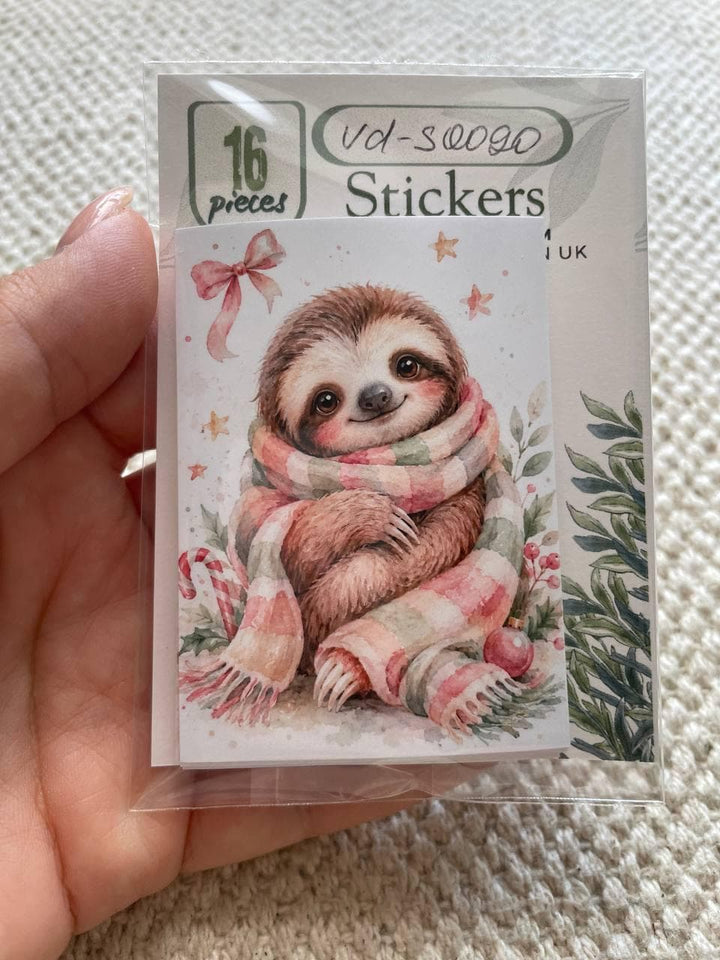 16 Cute Christmas Animal Stickers, Pink Watercolour Winter Stickers, Penguin Sloth Hedgehog Mouse, Journal Scrapbook Craft Stickers