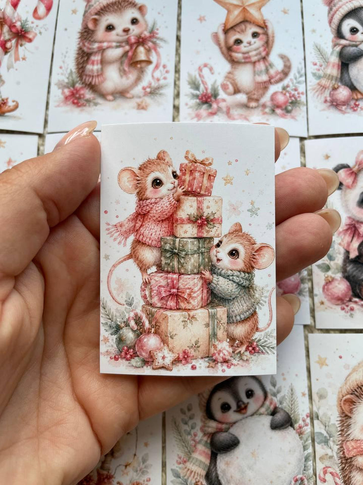 16 Cute Christmas Animal Stickers, Pink Watercolour Winter Stickers, Penguin Sloth Hedgehog Mouse, Journal Scrapbook Craft Stickers