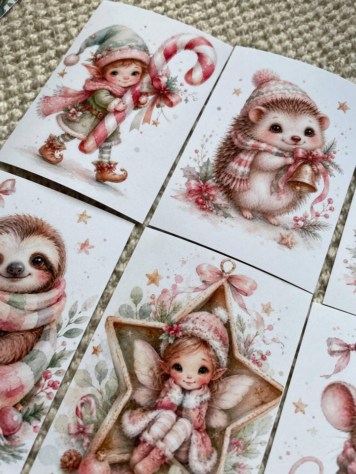 16 Cute Christmas Animal Stickers, Pink Watercolour Winter Stickers, Penguin Sloth Hedgehog Mouse, Journal Scrapbook Craft Stickers