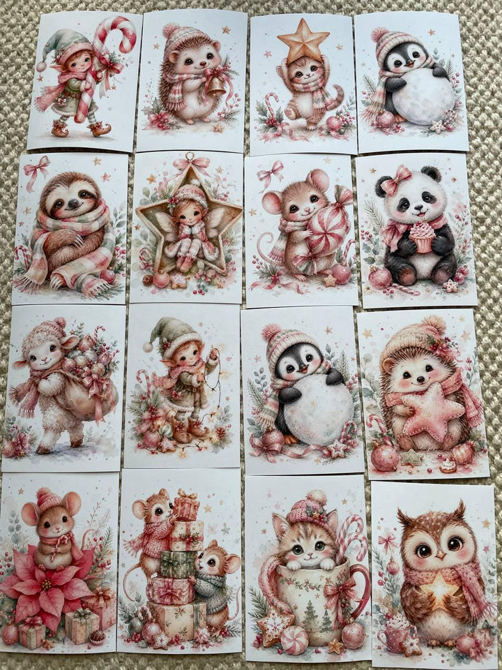 16 Cute Christmas Animal Stickers, Pink Watercolour Winter Stickers, Penguin Sloth Hedgehog Mouse, Journal Scrapbook Craft Stickers