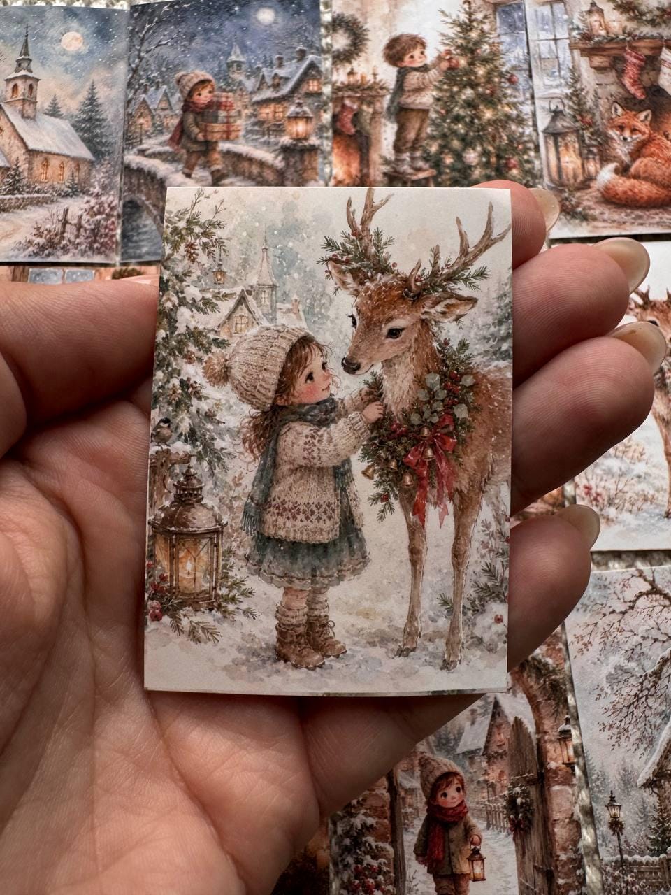 16 Vintage Christmas Stickers, Cosy Winter Watercolour Stickers, Christmas Village, Children & Animals, Junk Journal Scrapbook Crafts