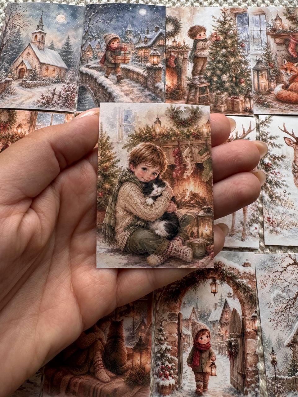 16 Vintage Christmas Stickers, Cosy Winter Watercolour Stickers, Christmas Village, Children & Animals, Junk Journal Scrapbook Crafts