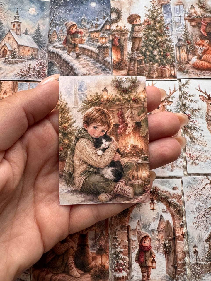 16 Vintage Christmas Stickers, Cosy Winter Watercolour Stickers, Christmas Village, Children & Animals, Junk Journal Scrapbook Crafts